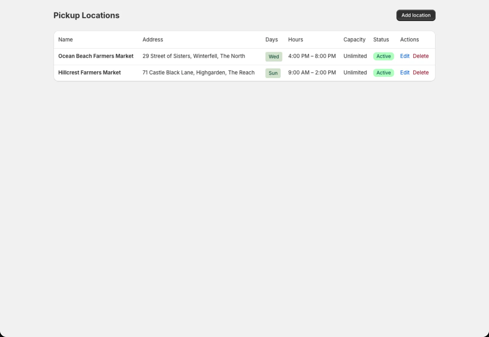 The Pickup Locations page with two locations