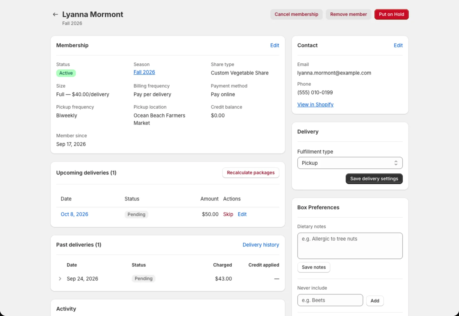 A member page showing membership details and upcoming deliveries