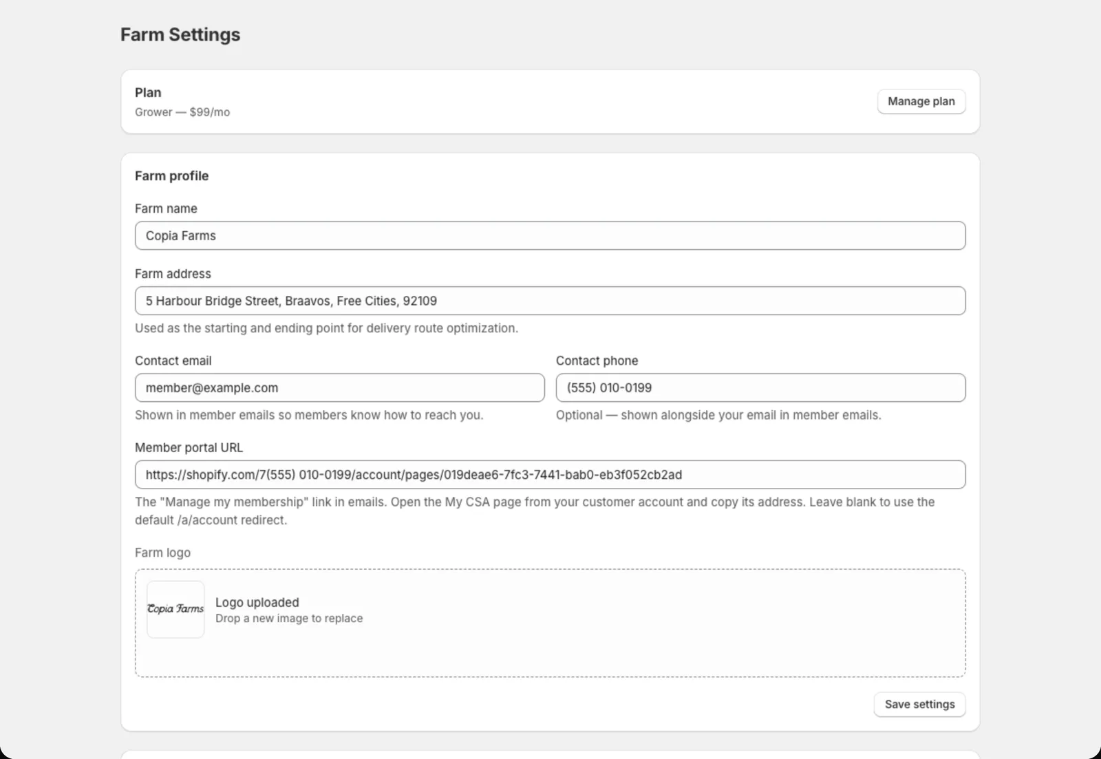 The Farm Settings page