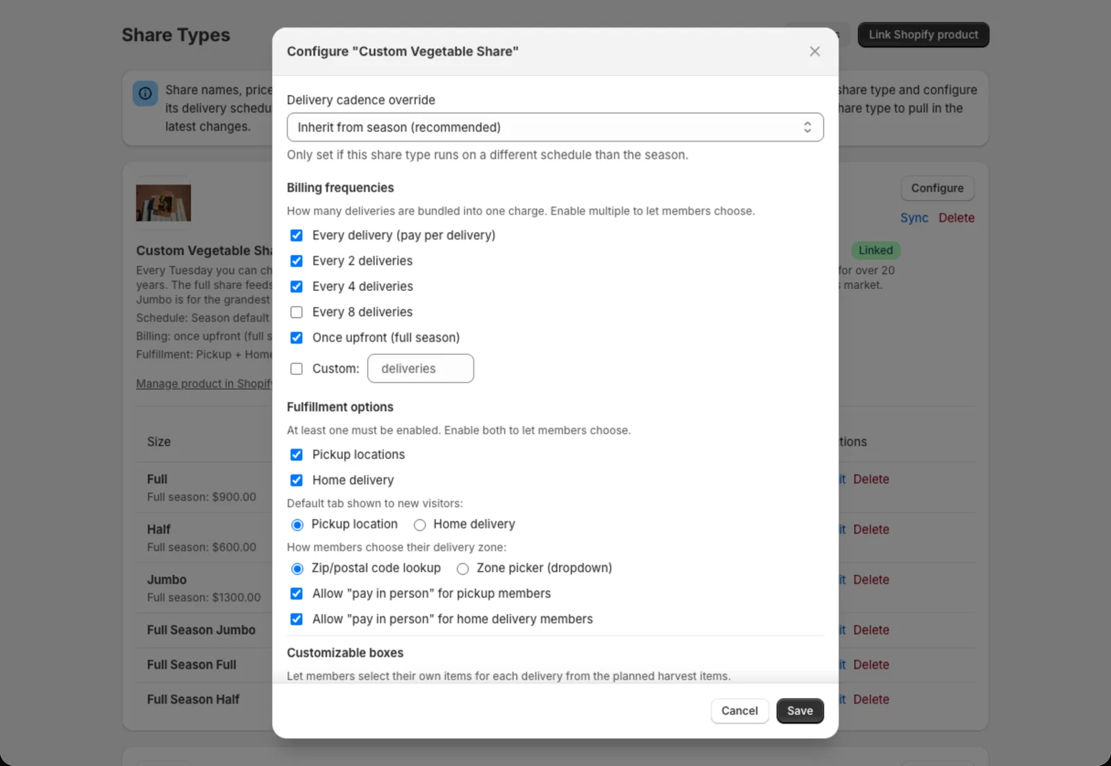 The share type settings panel