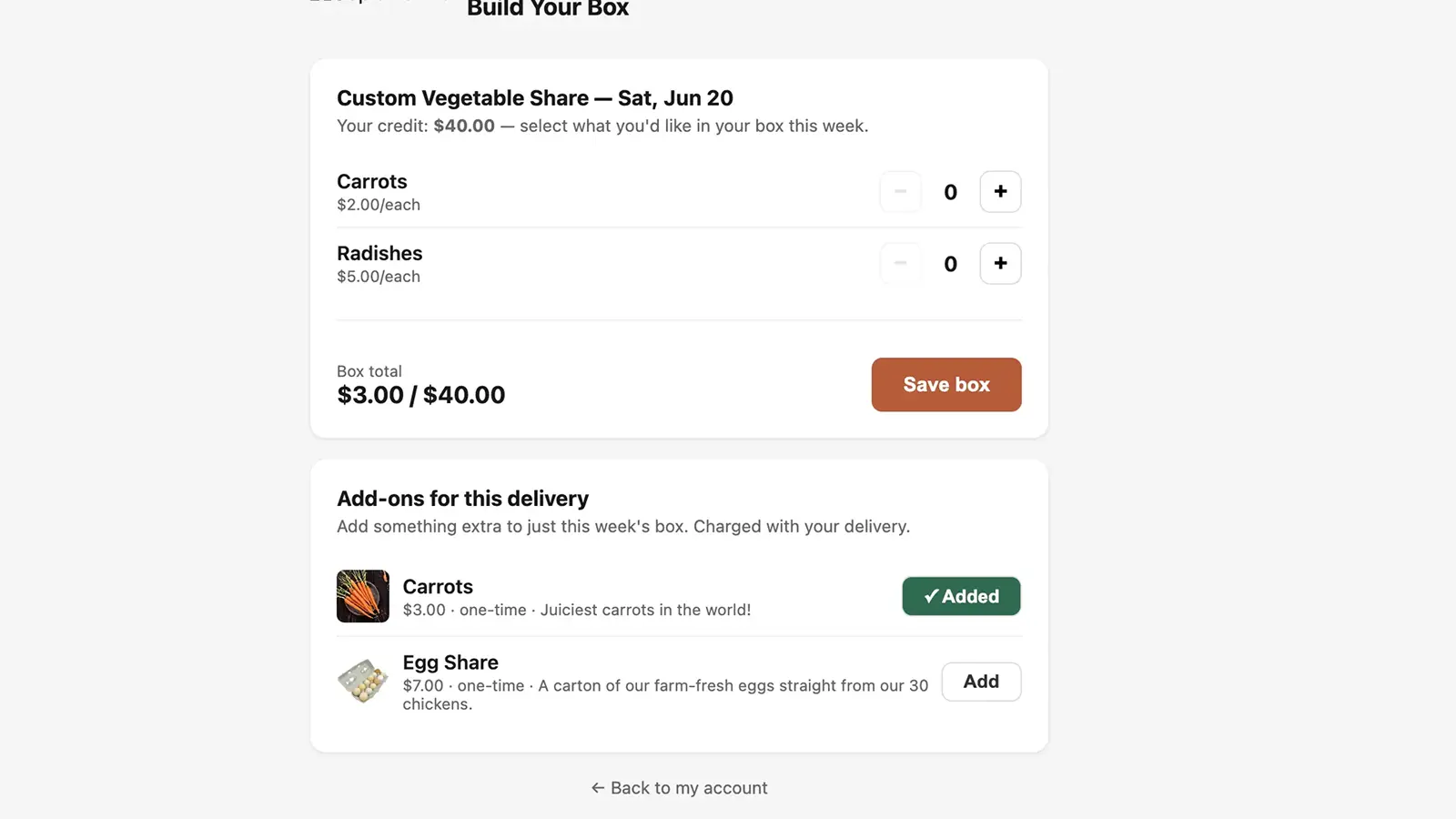 A member-facing box builder in Copia, letting customers swap items in their CSA share each week