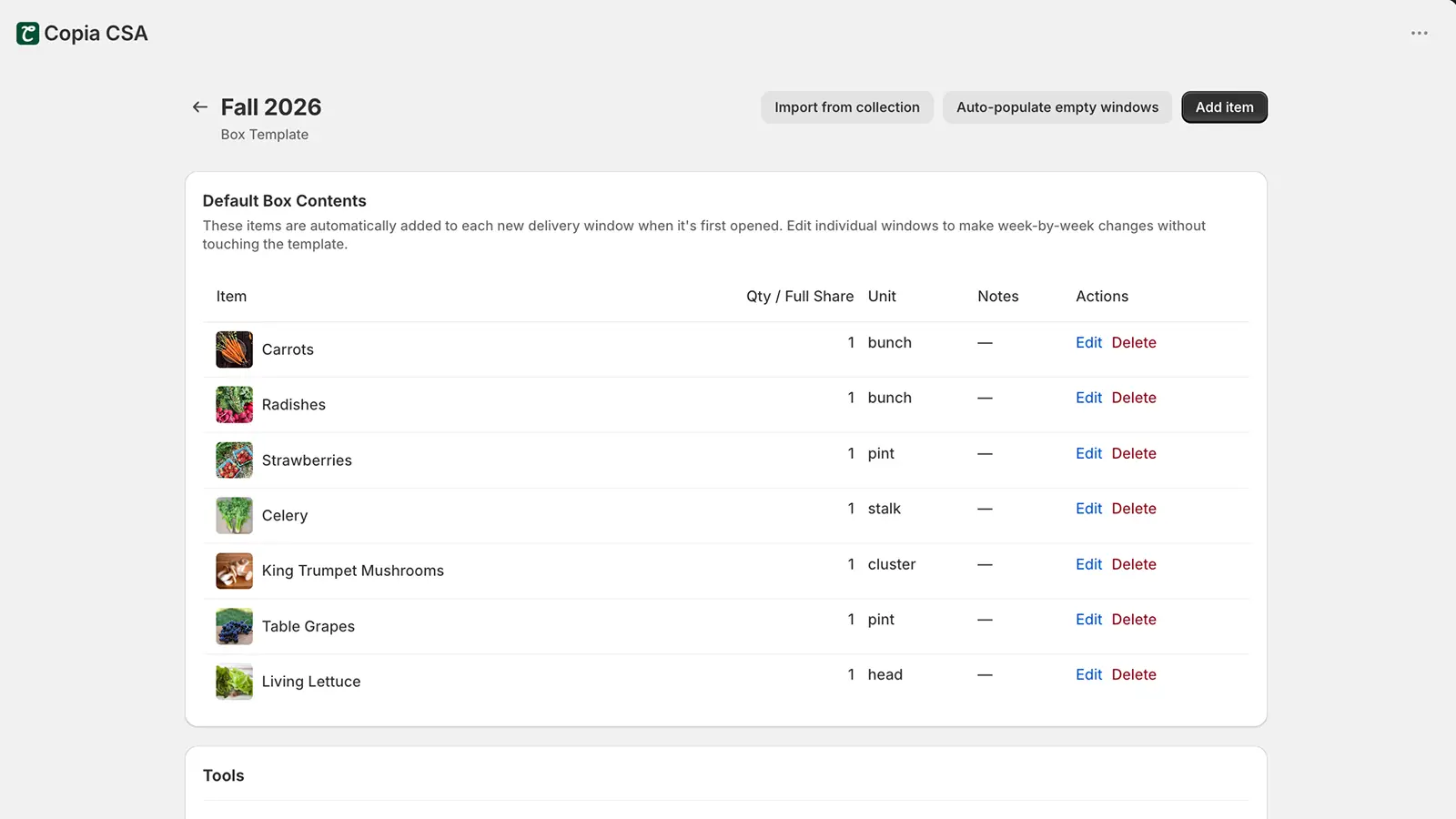 A box template in Copia, showing default box contents automatically applied to each new delivery window