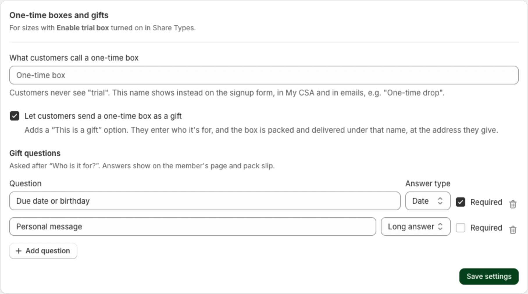 One-time box settings: the name customers see, the gift option and gift questions