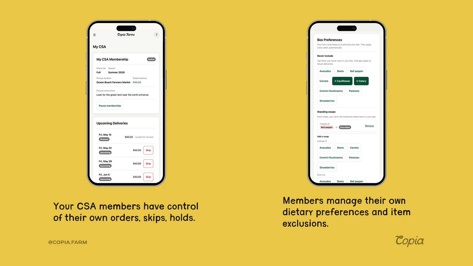 The Copia member portal — members can skip, pause, and manage their share without emailing the farm